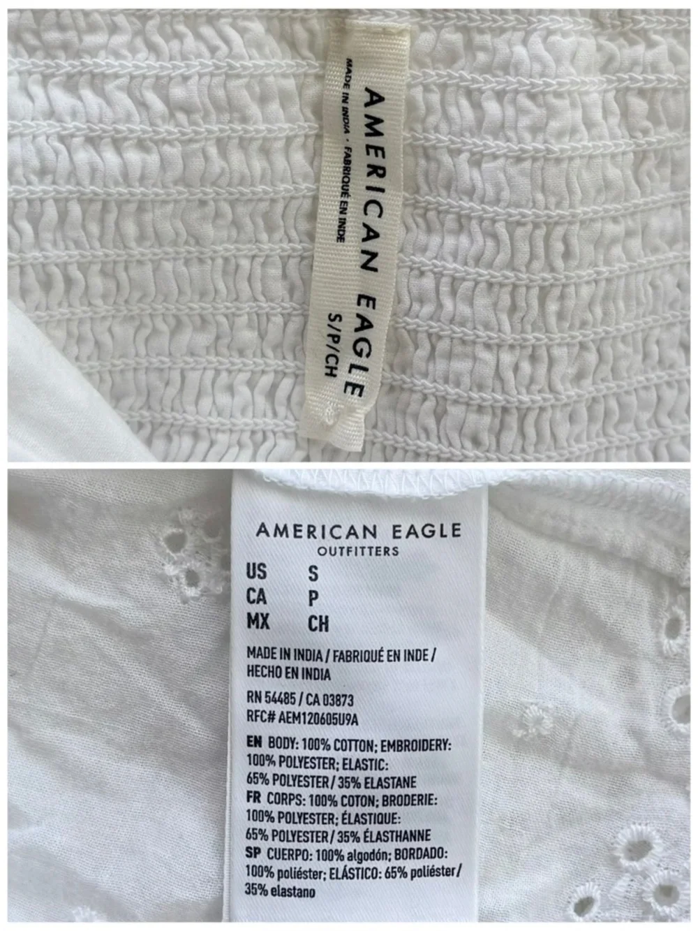 AMERICAN EAGLE S Smocked Babydoll Shirt in White Eyelet Trim Sleeveless Tank Top - Picture 6 of 12